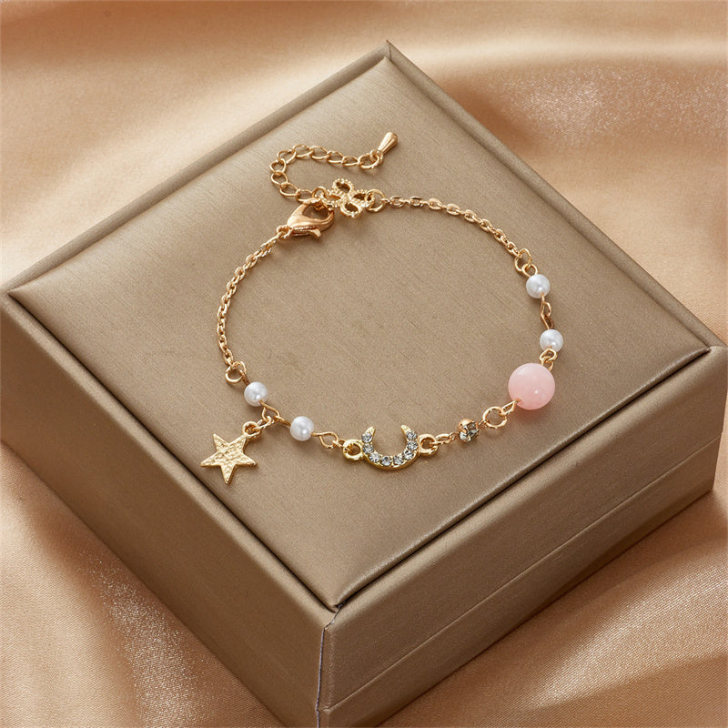 Japan Korea Star Moon Bracelet For Women Fashion Crystal Pearl Chain Jewelry